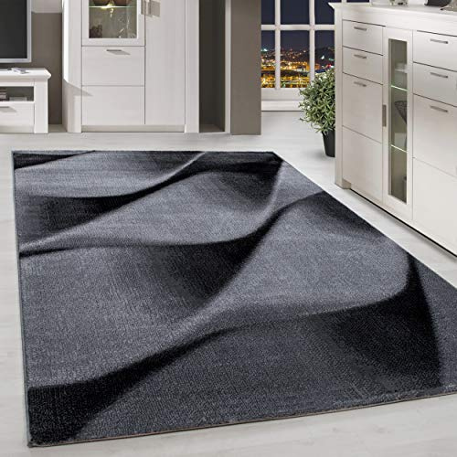 HomebyHome Teppich Läufer 80x300 cm Schwarz Modern Abstraktes Wellen Design Kurzflor für Wohnzimmer Schlafzimmer Esszimmer Küche Flur Jugendzimmer Waschbar Pflegeleicht Extra Weich