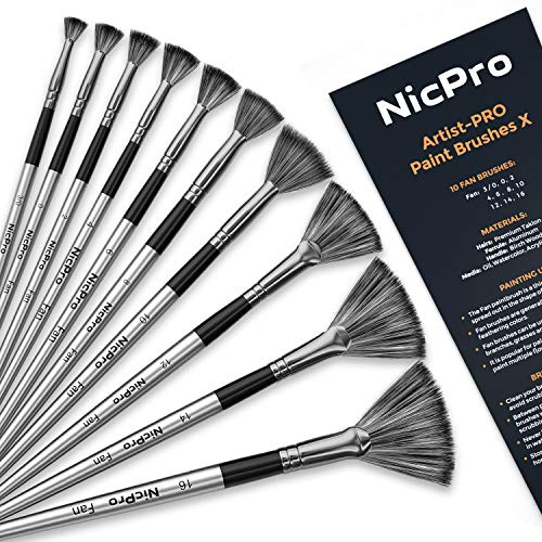 Nicpro Fan Paint Brushes 10 PCS Artist Painting Brush Set Soft Anti-Shedding Nylon Hair Wood Short Handle for Acrylic, Watercolor, Oil, Craft Painting