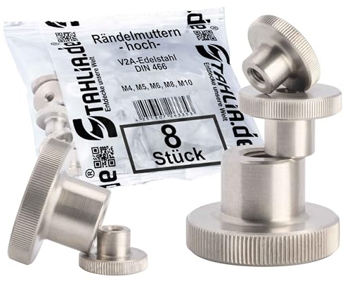 Stahlia Rändelmutter M6 Edelstahl V2A Muttern Set (8 Stück) hohe Form DIN 466 Gewindemutter gerändelt für metrische Schraubgewinde & Gewindestangen