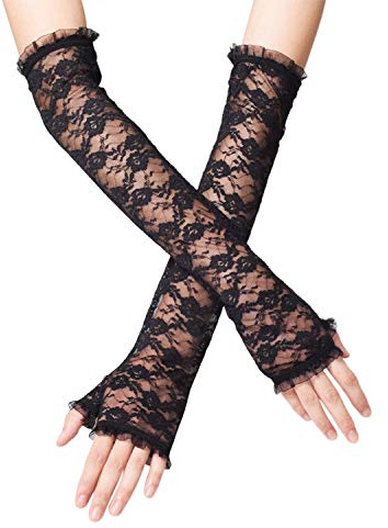 LassZone Women's Fingerless Long Lace Gloves Black Floral Bridal Fancy Dress Gloves Stretchy Elbow Length UV Protection Arm Sleeve for Wedding Opera Tea Party