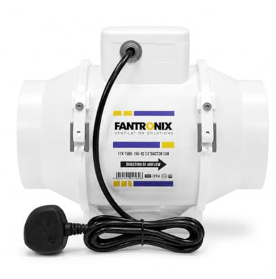 Fantronix 150 mm (6 Inch) Inline Extractor Fan with UK Plug | Suitable For Bathrooms, Grow Rooms And General Ducted Ventilation; Energy Class E.
