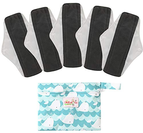 5 Stück Waschbare/Wiederverwendbare Slipeinlagen mit Holzkohle Absorbency Menstruation-Pads Waschbare Stoffbinden, Wiederverwendbare Binden,mit 1 Tragbare Mini Tasche (Groß- 30cm/11.8 inch, Weiß)