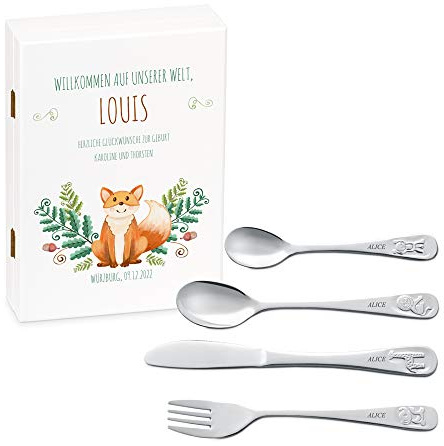 Maverton Kinderbesteck Set mit Gravur + Holzbox mit Aufdruck - mit Tieren - aus Edelstahl - Weiß - Geschenk für Jungen zum Geburtstag zur Taufe Geburt - Füchschen