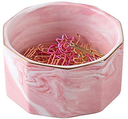 YOSCO Paper Clip Holder Ceramic Marbling Paper Clip Dispenser for Desk Paper Clip Organizer Office Binder Clip Holder (Pink)