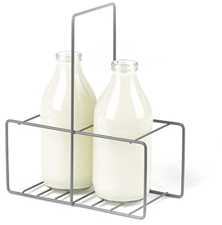 LIVIVO Milk Crate Bottle Holder Caddy for Milk, Juice, Wine or Beer Bottle Carton Carrier Grey Powder Coated Wire Holder (2 Bottles)