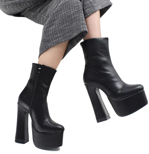 TIKENBST Tacchi Donna Tacchi Alti Stivali con Plateau da 15 Cm Stivaletti con Tacco Alto E Tacco Grosso Scarpe con Punta A Punta,Black-46