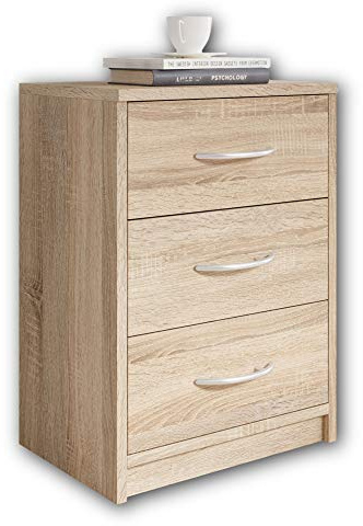 Stella Trading PEPE Nachttisch in Eiche Sonoma Optik - Schlichter Nachtschrank mit drei Schubladen passend zu jedem Bett & Schlafzimmer - 39 x 54 x 28 cm (B/H/T) | 39 x 54 x 28 cm (B/H/T), modern-geradliniges Design, kompakter Stauraum für Schlafzimmer, Tisch neben Bett, mit Ablage