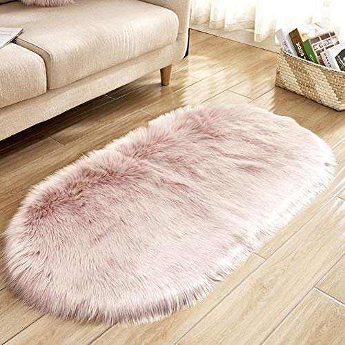 GUOCU Ovaler Flauschiger Plüsch Bereich Teppich für Schlafzimmer,Faux Lammfell Schaffell Teppiche Wohnzimmer Hochflor Kunstfell Nachahmung Wolle Bettvorleger Sofa Matte Carpet Bodenmatte Rosa 50x80CM