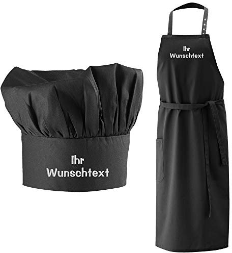Nashville print factory Grillschürze + Kochmütze bestickt mit Name Wunschtext Latzschürze (Schwarz)