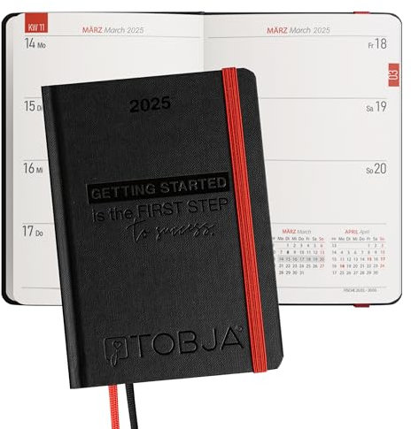 TOBJA Taschenkalender 2026 A6 schwarz - 1 Woche 2 Seiten, Robustes Hardcover, Taschenkalender 2026 klein, Ferien & Feiertage, 2 Lesebändchen & Gummibandverschluss, Kalender 2026 a6 [black]