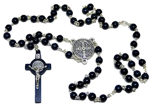 GTBITALY 90.685.90 Blau Rosenkranz des heiligen Benedikts aus Holz 50 Körner + 9 Halskörner mit Medaille Kreuz Silber Exorzist Exorzismus Kirche Priester Nonne, small, Holz