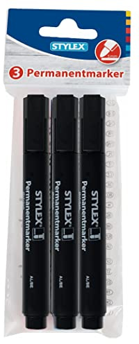 Stylex 48090 - Permanentmarker schwarz, wasserfest auf fast jedem Material, Strichstärke 4 mm, Permanenttinte auf Alkoholbasis, 3 Stück