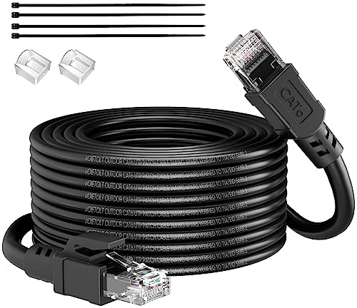 VOIETOLT Outdoor Cat 6 Ethernet Cable 15m, Water Resistant Direct Burial LLDPE UV Jacket - 24AWG 10Gbps High Speed Gigabit Internet Network Cable - CCA, UTP with 20 Ties - Black
