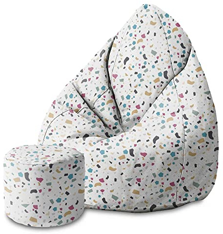 DreamRoots Sitzsack Erwachsene 80x80x120, Multicolor Terrazzo | Bean Bag mit Lehne, Hocker & Bezug, 80x80x120 & 70x70x105 cm, Sitzkissen Boden, Bubibag, geometrische Designs