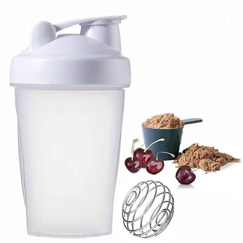 400ml Protein Shaker Bottle, Protein Shake Mixer, Shaker Cups Portable Pre Workout with Wire Mixball Blender Perfect for Mixing Powdered Shakes, Clear, BPA Free and DEHP-free, Dishwasher Safe (White)