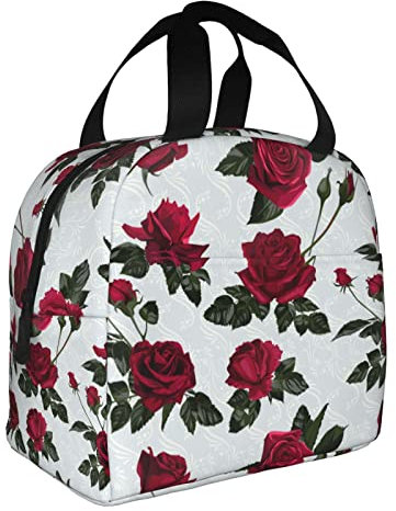 XVBCDFG Bolsas de almuerzo con estampado de hojas de rosas rojas para hombres y mujeres, fiambreras reutilizables aisladas, pequeñas bolsas de almuerzo Bento