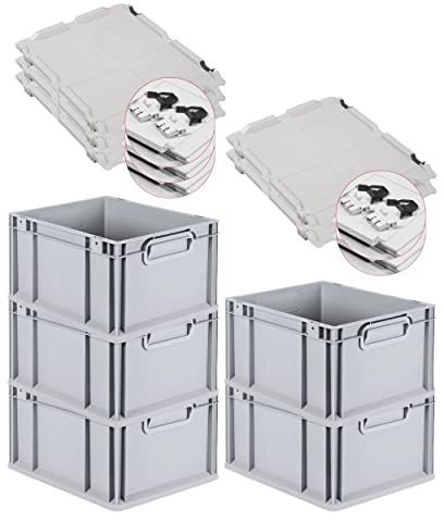 PROREGAL SuperSparSet 5x Eurobox NextGen Grip mit Scharnierdeckel und schwarzen Schiebeschnappverschlüssen, HxBxT 22x30x40cm, 20 L, Grau, Griffe geschlossen, Eurobehälter, Transportbox