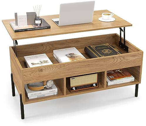 COSTWAY Mesa de Centro Elevable, Mesa Central de Café con Tablero Elevable, Amplio Compartimento Oculto y 3 Espacios Abiertos, Mesita de Cóctel con Patas de Metal (Natural)