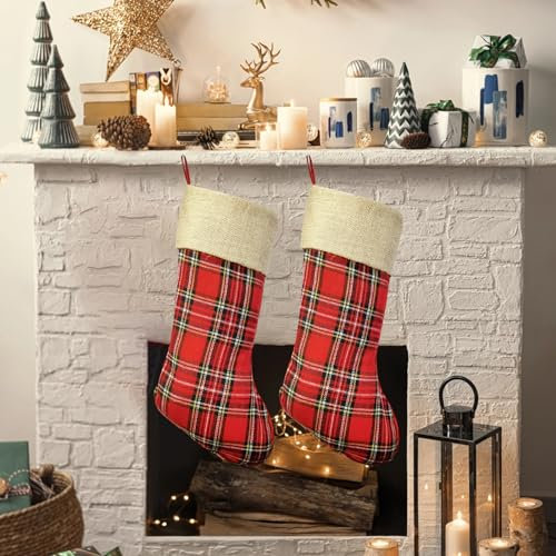 climafusion 2 Stück Weihnachtsstrumpf, Plaid Nikolausstrumpf 48cm groß mit Jute Cuff zum befüllen, Dekoration für Weihnachten Weihnachtsbaum