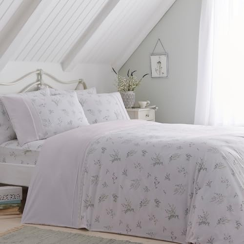 Dreams & Drapes White & Lavender Floral Duvet Cover – Single 140x200cm – Vintage Botanical Print – Ruffle & Lace Trim – Soft Polycotton Bedding Set with Pillowcase – Classic Cottage Style