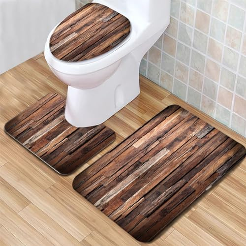 3 Teiliges Badematten Set rutschfest U-FöRmige Duschvorleger Braune Holzmaserung Badezimmerteppich WC Vorleger Waschbar Super Weich, Schnell Trocknend WC-Garnitur rutschfest Teppich