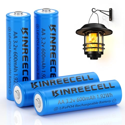 KINREECELL 3.2 V AA 600 mAh Battery, LiFePo4 Double A Battery with Low Self-Discharge, 3.2 V Batteries for Solar Lights, Wall Lanterns, Solar Post Lights (AA-3.2 V-600 mAh)