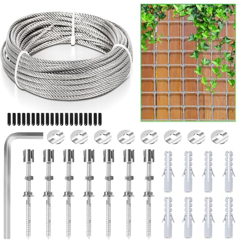 Izrielar Set da 2 pezzi, 12 m, in acciaio inox, per piante rampicanti, supporto per rampicanti, sistema professionale come set completo con corda metallica in acciaio inox 304 da 3 mm