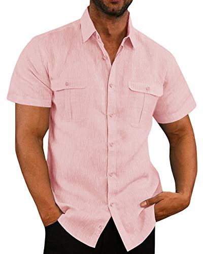 Linneskjorta herr kortärmad sommarskjorta män fritidsskjorta affärströja strandskjorta med fickor, ROSA, M
