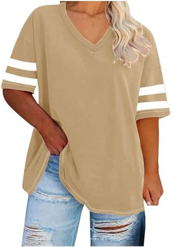 Femme Tee Shirt Grande Taille Couleur Unie T-Shirt Oversize Femme Manches Courtes Été Col V Ample Chemisier Basiques Décontractés Blouse à La Mode Loisirs Quotidiennes Hauts D'été Confortable