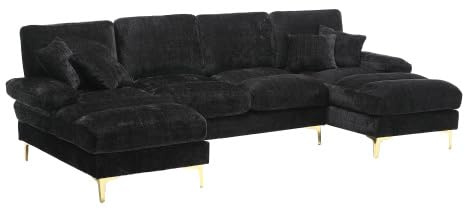 HAINEW Modern hörnsoffa, hörnsoffa med kuddar och armstöd, stoppade möbler, 4-sitsig U-formad soffa med gyllene ben, chenille, loungesoffa, bekväm soffa för vardagsrum (svart)
