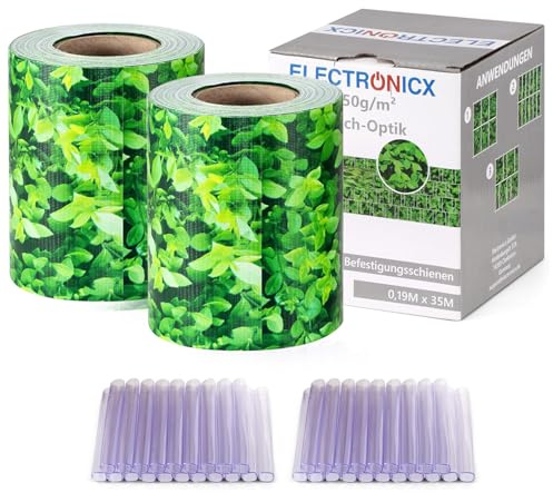 Electronicx PVC Sichtschutzstreifen für Gartenzaun - Buchsbaum, 70m (2 x 35m) x 19cm, Hochwertige 450g/m² UV-beständige Sichtschutzmatten, Außenbereich Sichtschutz mit 40 Clips