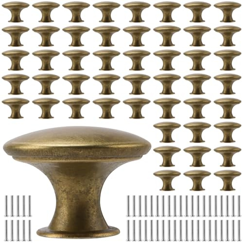 TAICHEUT 50 PCS 30x21mm Brass Drawer Knobs, Round Brass Door Knobs with Screws, Retro Cabinet Handles for Kitchen Cabinet, Bathroom Drawers, Bedroom Wardrobe
