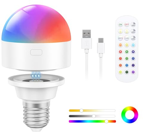 Oumida E27 Rechargeable Light Bulb with Remote Timer and 12 Color,3 Temperatures,6W Dimmable Battery Backup Bulb for Sconces and Lamps,Detachable Charging RGB LED Bulb for Non Hardwired Lamps (1)