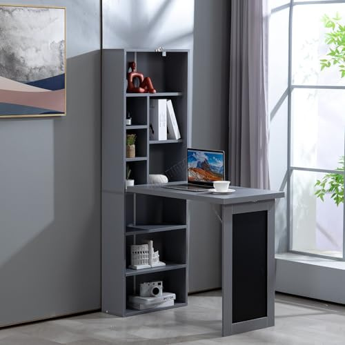 WestWood Foldable Computer Desk, Wall Mounted Work Table, Floating Desk with Blackboard and Bookshelf, Adjustable Shelves 9 Open Compartments Office Desk Storage Shelf (Grey)