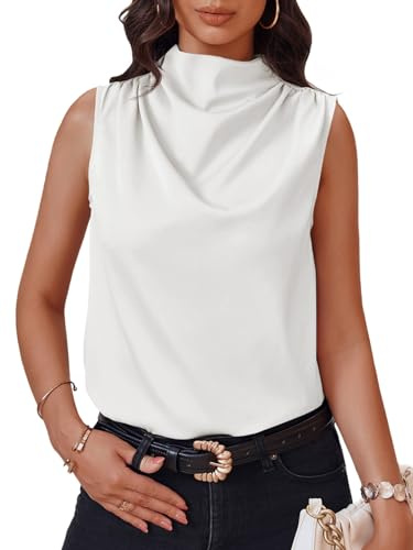 Cicy Bell Womens Mock Neck Satin Tank Tops Business Casual Work Ruched Blouses Summer Corporate Outfits White