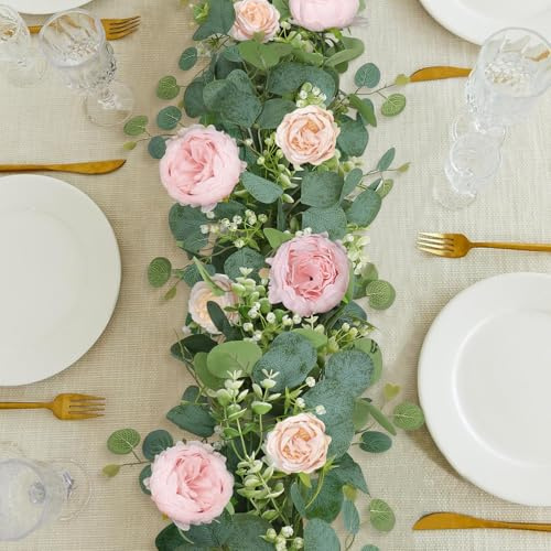 SOMYTING Pack of 4 Artificial Flower Garland, Eucalyptus Garland, Vintage Fake Flower, Peony, Rose Vine, Green, Decorative Wall Hanging Plant for Wedding Arch, Door Arrangement, Party Decoration