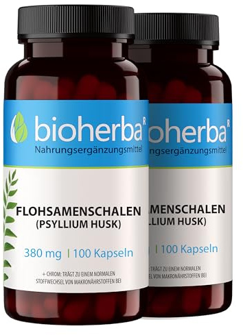 Flohsamenschalen Kapseln – 200 Stück mit 380 mg gemahlenem Psyllium Husk Pulver und Chrom – zur Unterstützung des normalen Energiestoffwechsels von BIOHERBA PZN 19555019