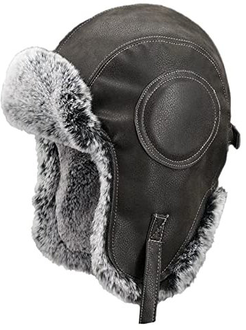 Unisex Fliegermütze Leder Pilotenmütze Winter Jagdmütze mit Ohrenklappen Winddichte warme Mütze braun-56-58cm (Schwarz 59)