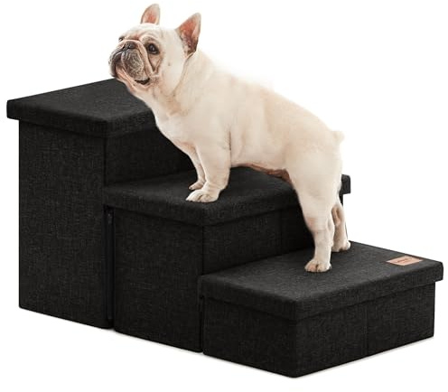 Love's cabin Dog Stairs for High Bed, Foldable Pet Stairs for Small Medium or Large Dogs Puppy with Storage for Bed or Couch, Cat Dog Steps Ramp with Zip up to 200 lbs, Black, 3 Steps