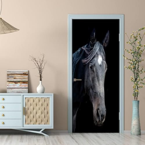 Selbstklebend Türbekleben Schwarzes Pferd Türtapete 80x200 cm, TürPoster Tier Pferd Türbilder 3D Türaufkleber Dekoration Poster Tapete Türfolie, PVC Fototapete Wandtattoo Tür Tapeten m8191