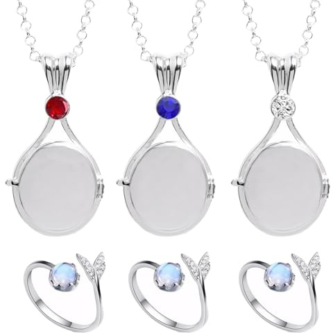 Rbleote 3 Stück H2o Plötzlich Meerjungfrau Kette,H20 Kette mit Wal Ring,Meerjungfrau Medaillon Halskette Verschleißfeste Langlebige Farbe,Geschenke für Frauen Und Mädchen
