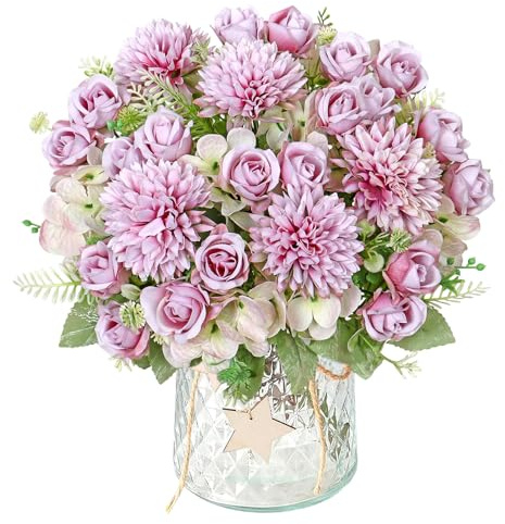 DEMIUKO Fiori artificiali come veri fiori artificiali, ortensie artificiali, bouquet di rose, 2 mazzi di rose artificiali viola, fiori di seta per interni, per matrimoni, feste, casa, cucina
