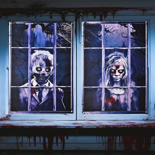 2 Packungen Halloween Deko Gruselig Fensterbilder, 3D Fenster | Vorhang für Outdoor Innen Garten Haustür Tür, 120 x 80cm Helloween Draußen Fensterdeko Türdeko Horror Party