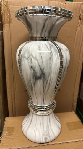 Large White & Grey Ceramic Vase 40cm Modern Marble Effect with Mirror Mosaic Accents, Decorative Flower Vase for Pampas Grass, Artificial Flowers & Home Décor