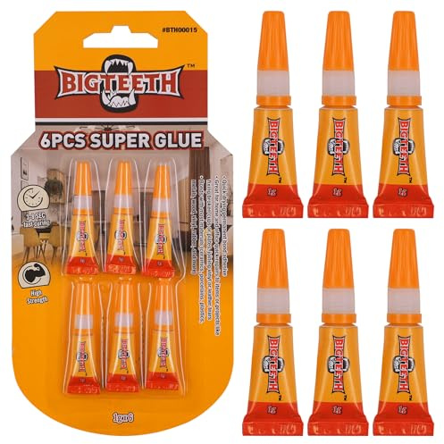 BIGTEETH Super Glue 1g x 6, All Purpose SuperGlue, Strong Fast Drying Adhesive For Plastic, Metal, Ceramics, Porcelains, Wood, Rubber