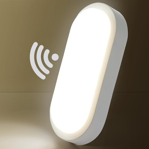 LEZOE Plafoniera LED da 12W con sensore di movimento per interni, 1700LM 140lm/W IP54 plafoniera, luce antiumidità 4000K per bagno, corridoio, magazzino, cantina, garage, balcone 21,5X10X4,3CM