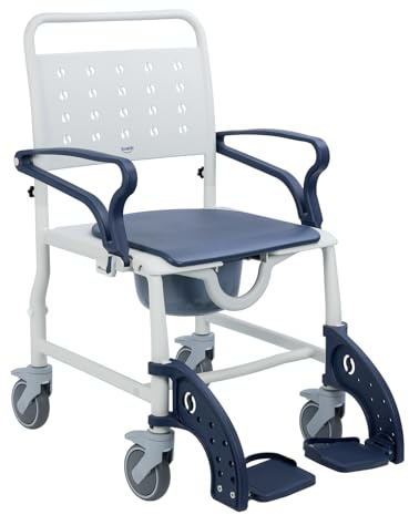 Soaids 4-in-1 Rolling Shower Chair with Wheels for Elderly & Disabled Adults, Padded Toilet Chair, Bedside Commode, Transport Wheelchair with Locking Caster for Bathroom, Home Care (Navy Blue)