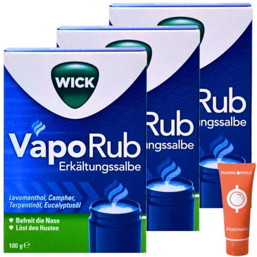 WICK VapoRub Erkältungssalbe 3x 100 g I Zum Einreiben & Inhalieren I Wohltuende Dämpfe in der Erkältungszeit I Menthol, Kampfer & Eukalyptusöl I Für freies Atmen I Spar-Set plus Pharma Perle give-away