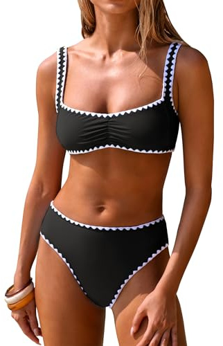 ANRABESS Womens Bikini Sets Two Piece Swimsuit Ribbed Front Ruched Mid Waisted Bathing Suit Color Block 2026 Beach Swimwear Black White M
