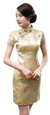 IUYTYSER Women's Short Sleeve Dress Chinese Traditional Women Qipao Summer Stand Collar Cheongsam Dresses for Weddings Guest Glitter Party Ladies Evening Formal UK Sequin Occasion (Khaki, XL)